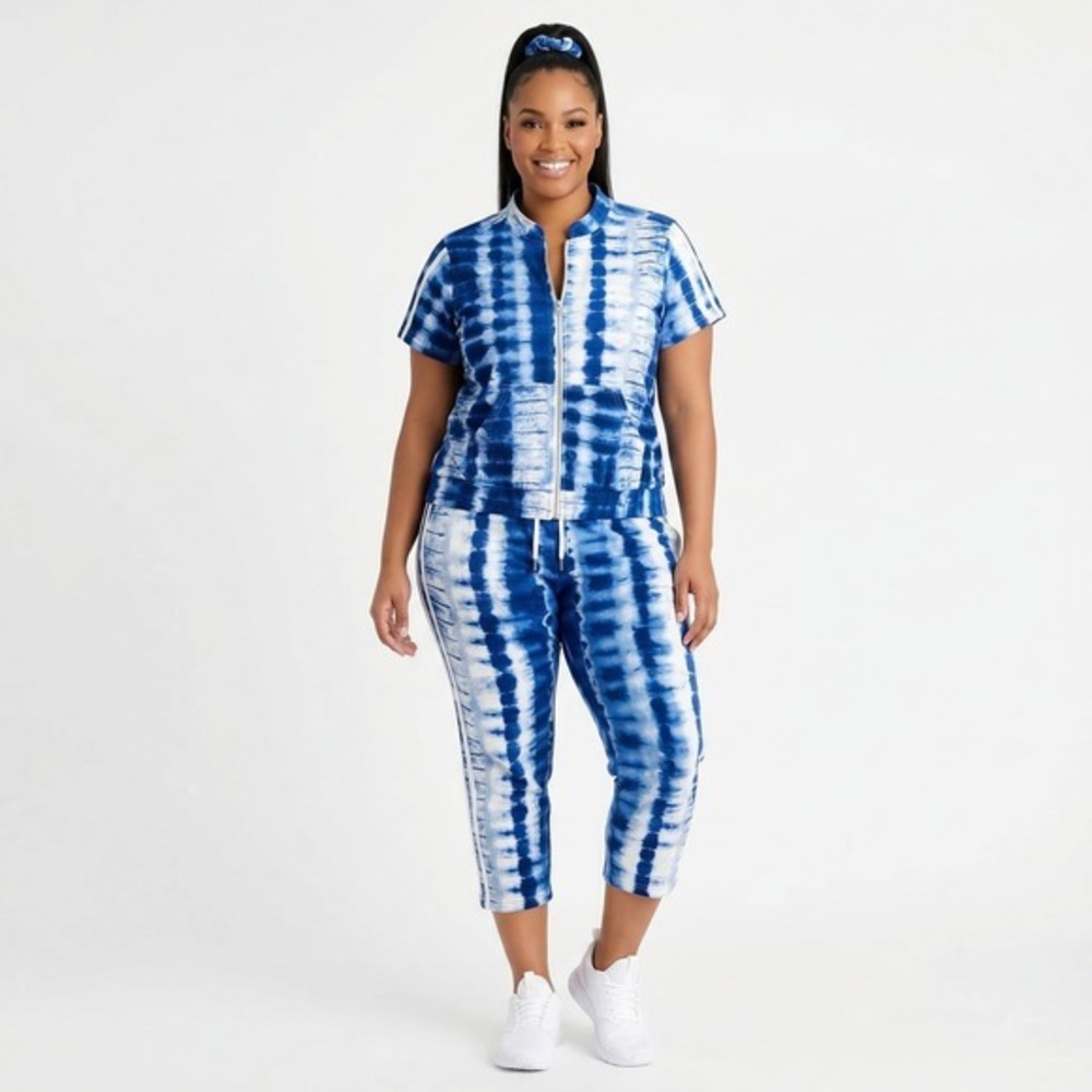 Ashley Sport Women Blue Tie Dye Tracksuit Set Zip‎ Jacket Cropped Joggers 10/12